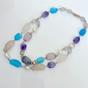 Aqua Blue Purple Green Multi Shape Beads Bib Necklace Vintage 1990s Avon